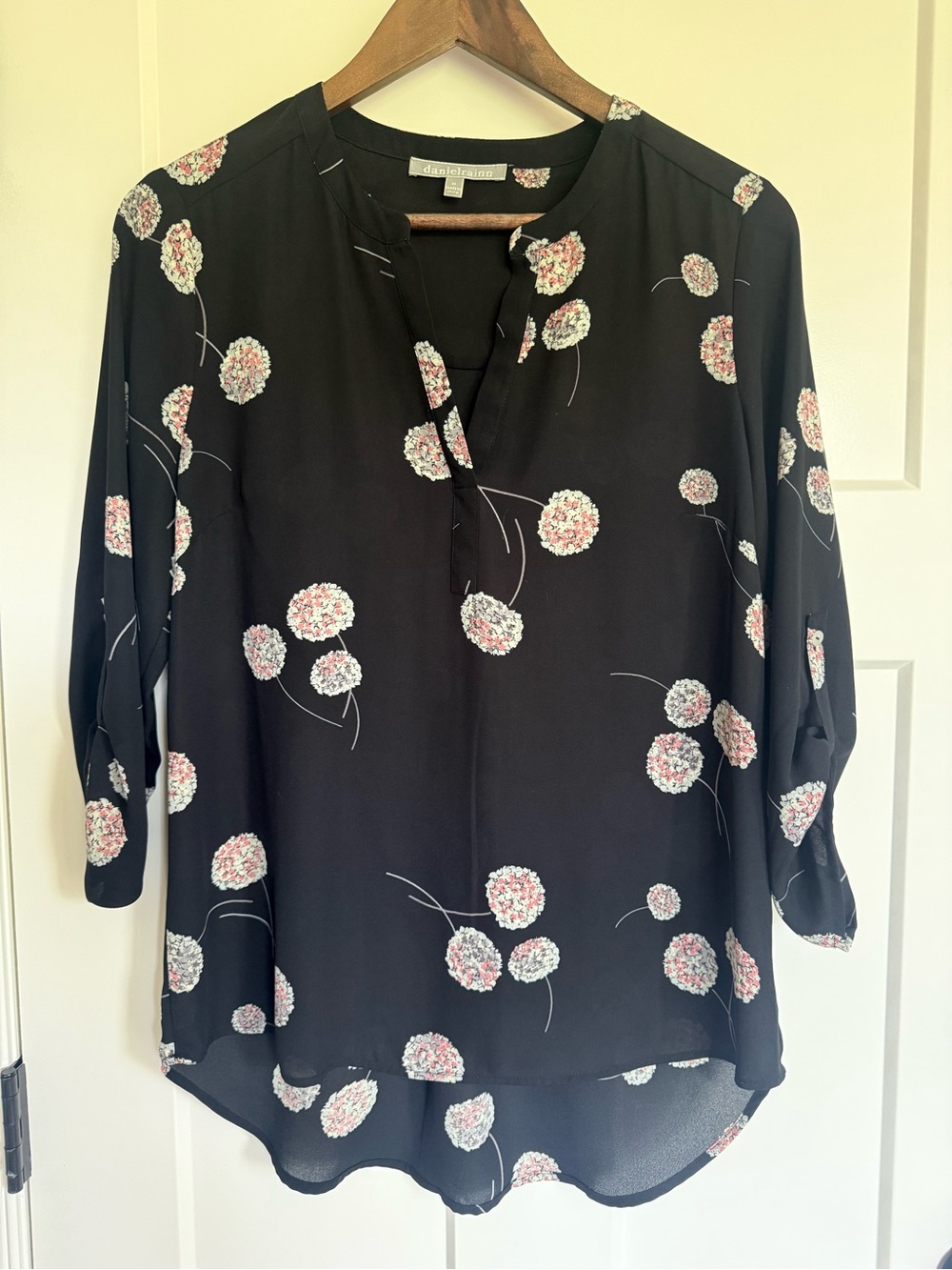 Daniel Rainn Black Split-Neck Floral Blouse